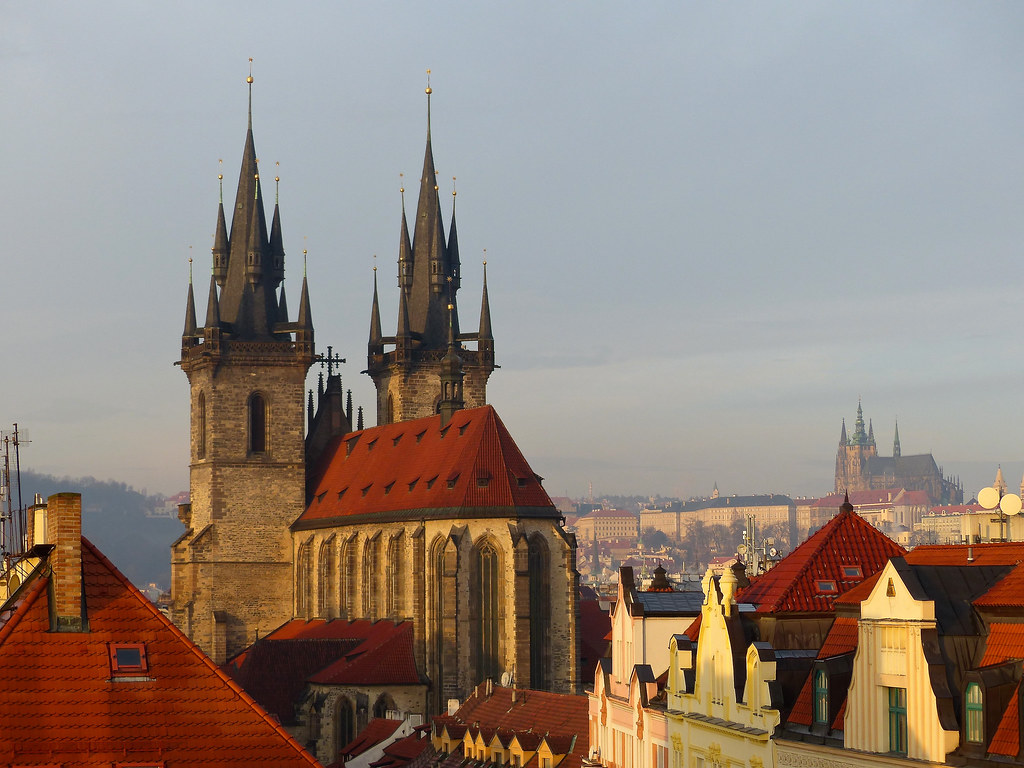 Historic church tower in the Czech Republic at dawn