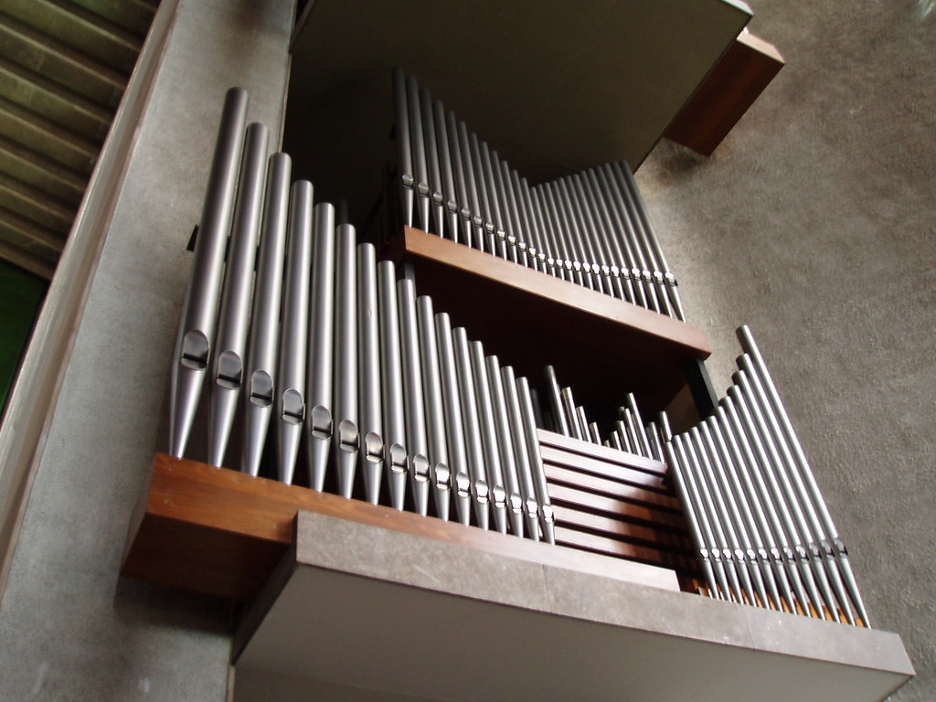 Close view of metal front pipes of a church organ